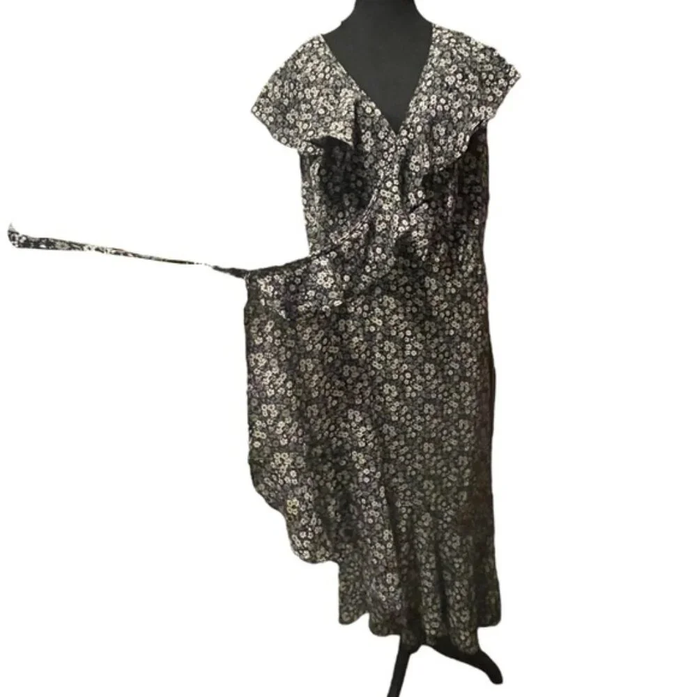 Plus Size Black Floral Flouncy Tiered Wrap Around Dress Tie Ruffles V Neck Sz 2X - Picture 6 of 15